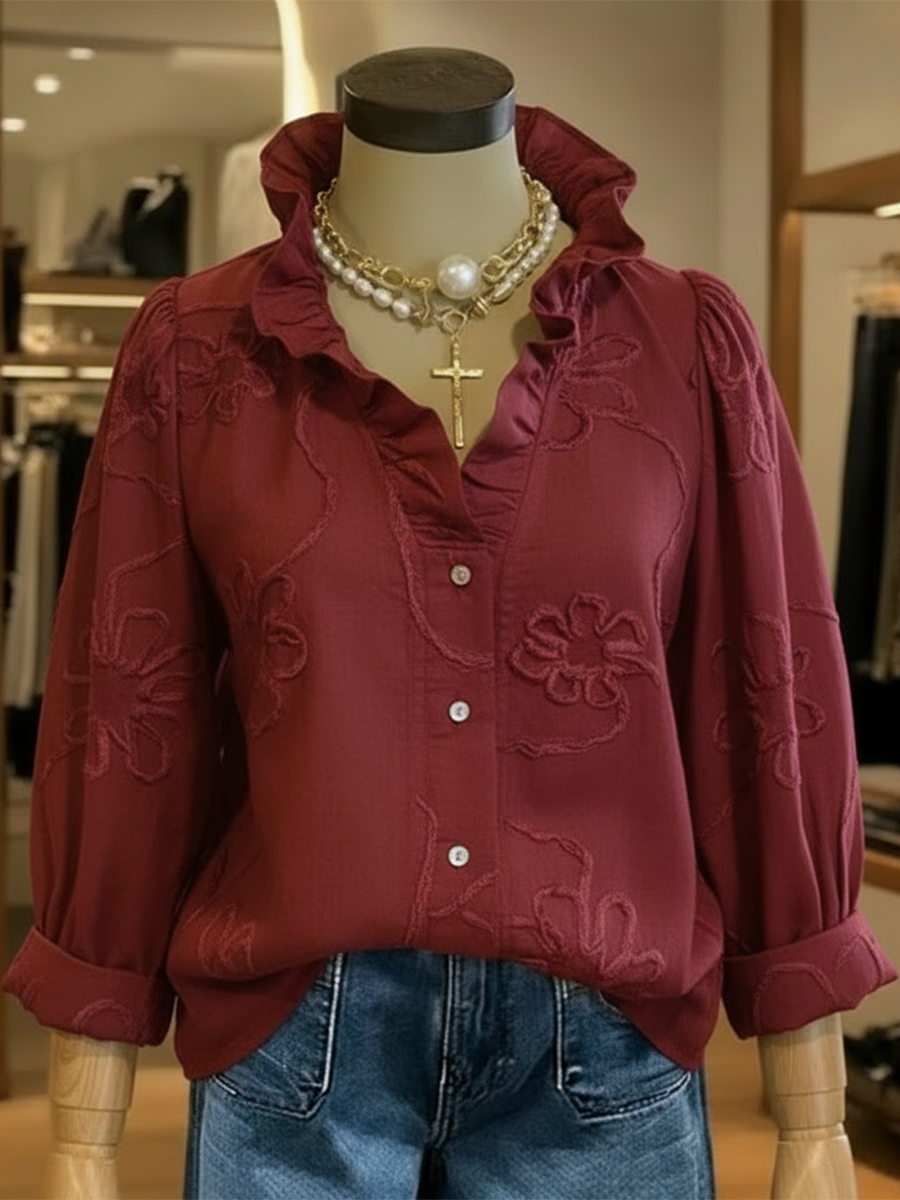 Women's Linen Ruffle-Collar Long-Sleeve Blouse