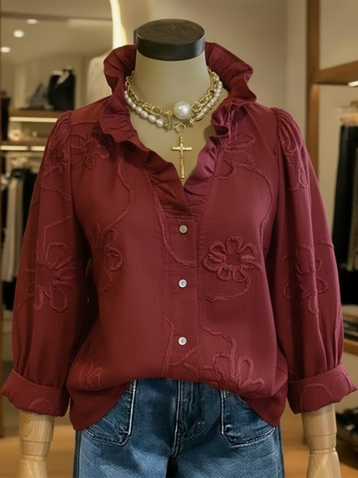 Women's Linen Ruffle-Collar Long-Sleeve Blouse
