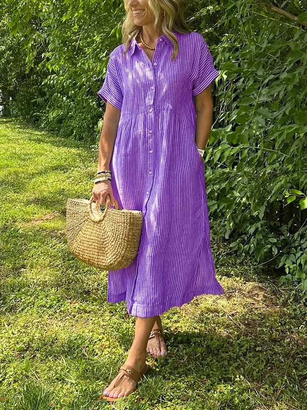 Linen Striped Button Down Shirt Dress for Women