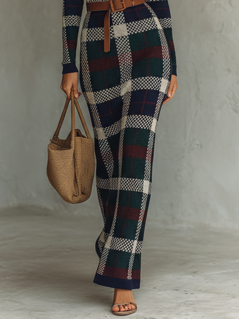 Women's Long Sleeve Knit Plaid Slim Fit Maxi Dress