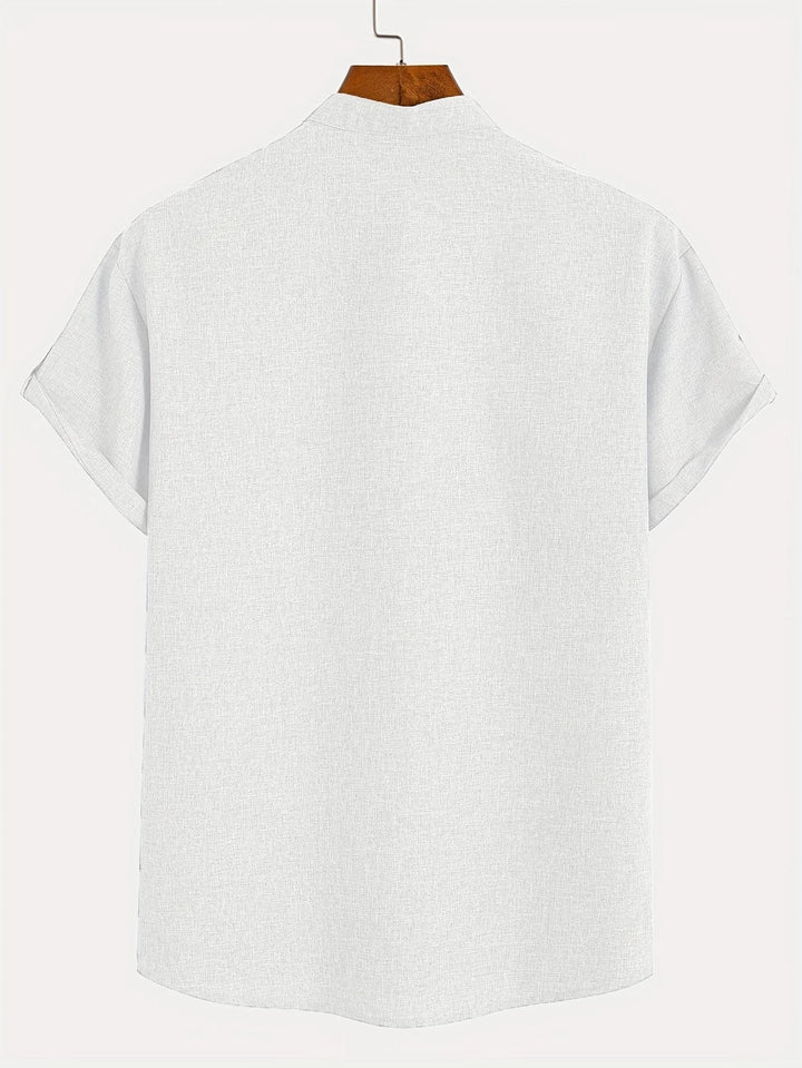 Men Henley Linen Shirt Casual Short Sleeve Cross Graphic Tee