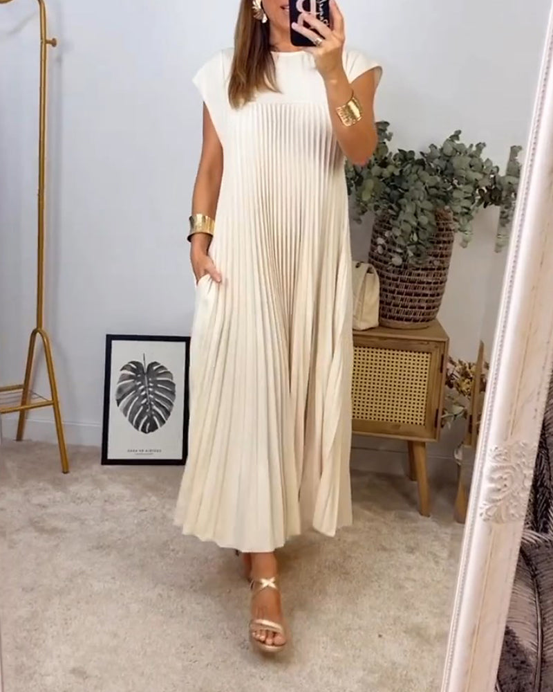 Women's Pleated Linen Maxi Dress Casual Sundress Loose Fit