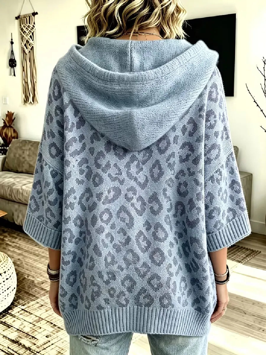 Women's Hooded Leopard Print Knit Poncho Sweater Pullover Jumper