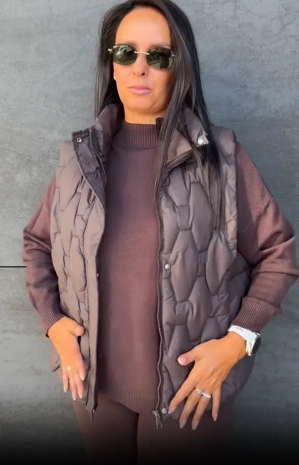Women's Three-Piece Knit Loungewear Set with Puffer Vest