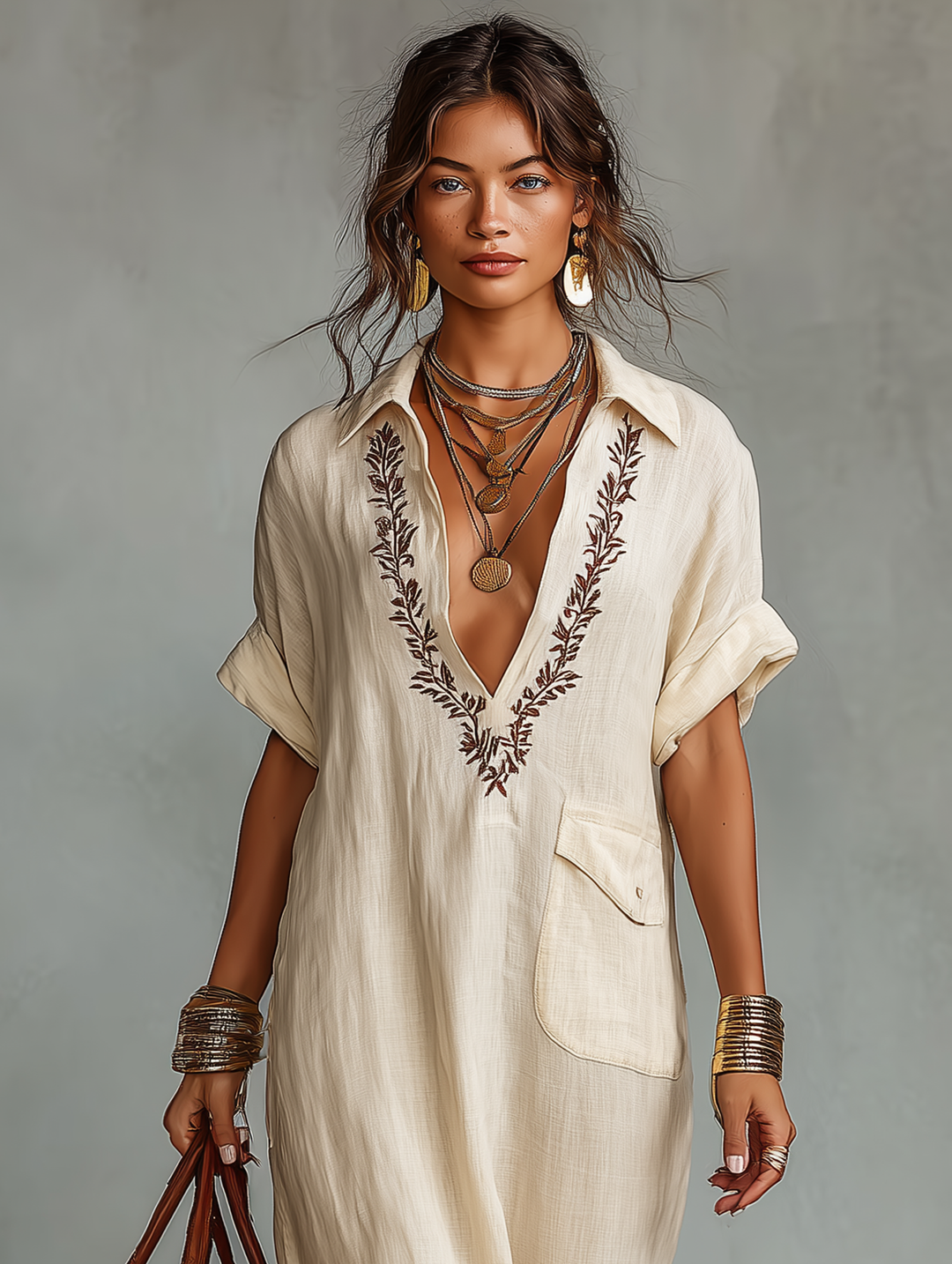 Women's Linen Blend V Neck Casual Beach Boho Dress Maxi Dress