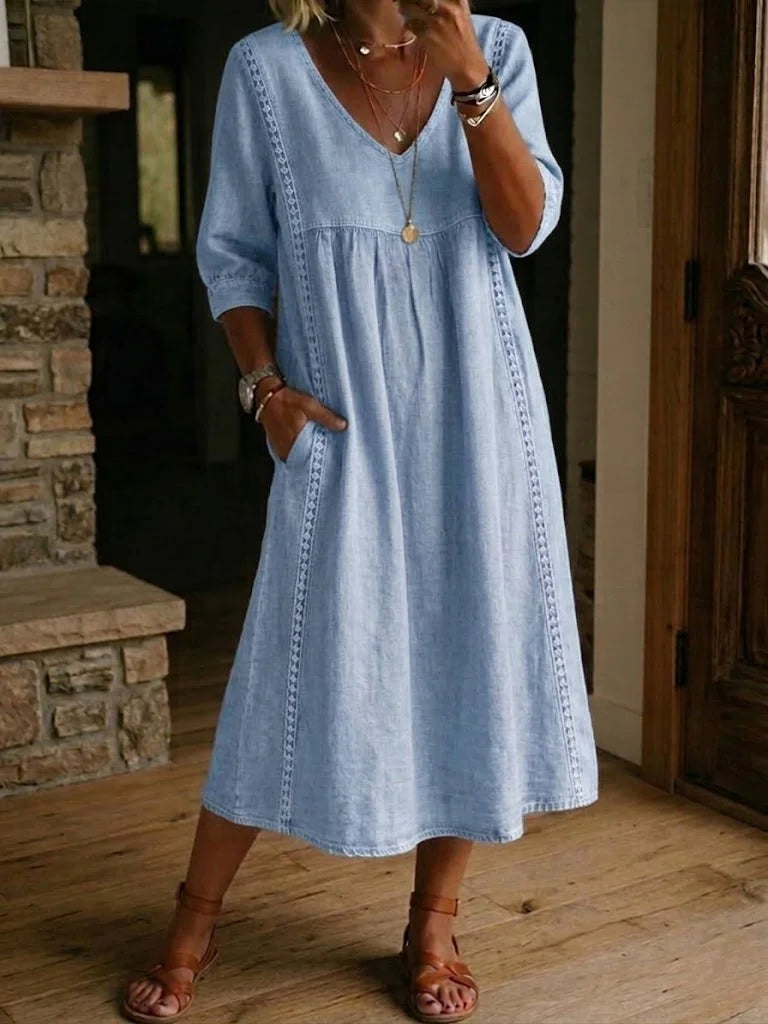 Women's Loose Fit Linen V-Neck Long Sleeve Midi Dress