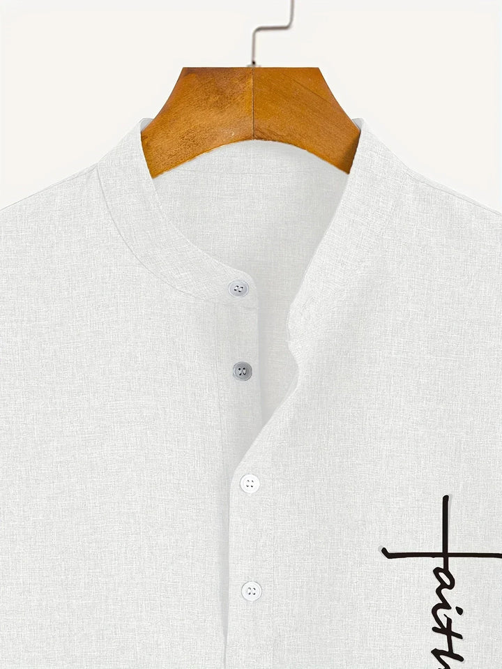 Men Henley Linen Shirt Casual Short Sleeve Cross Graphic Tee