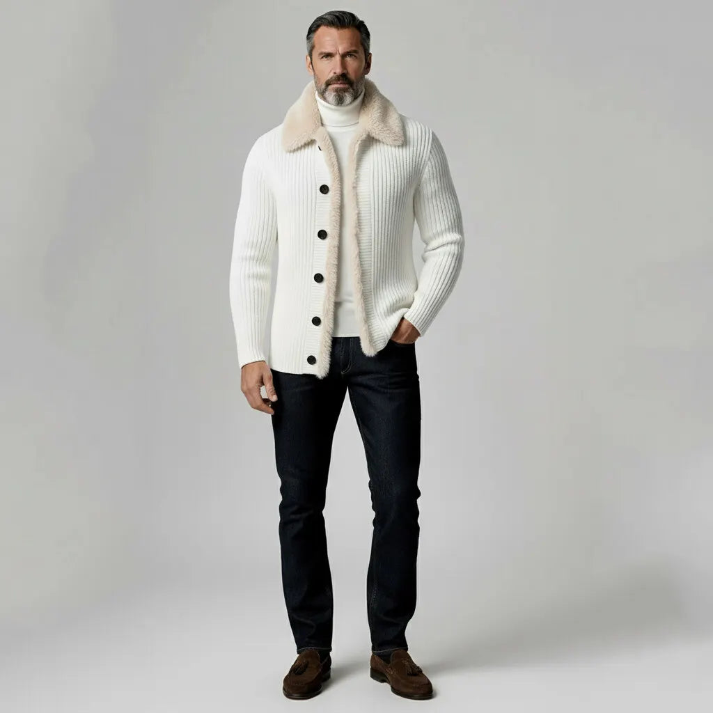 Cardigan pour homme en laine mérinos tricotée avec col en polaire