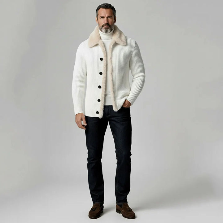Cardigan pour homme en laine mérinos tricotée avec col en polaire