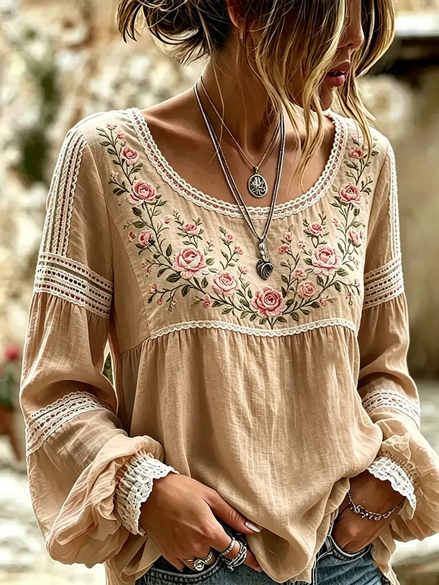 Women's Embroidered Linen Blouse Long Sleeve Casual Top