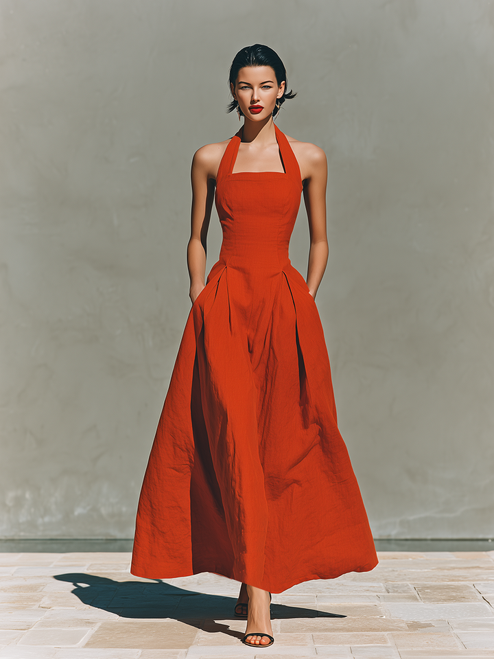 Women's Linen Blend Halter Neck Sleeveless Pleated A-Line Maxi Dress