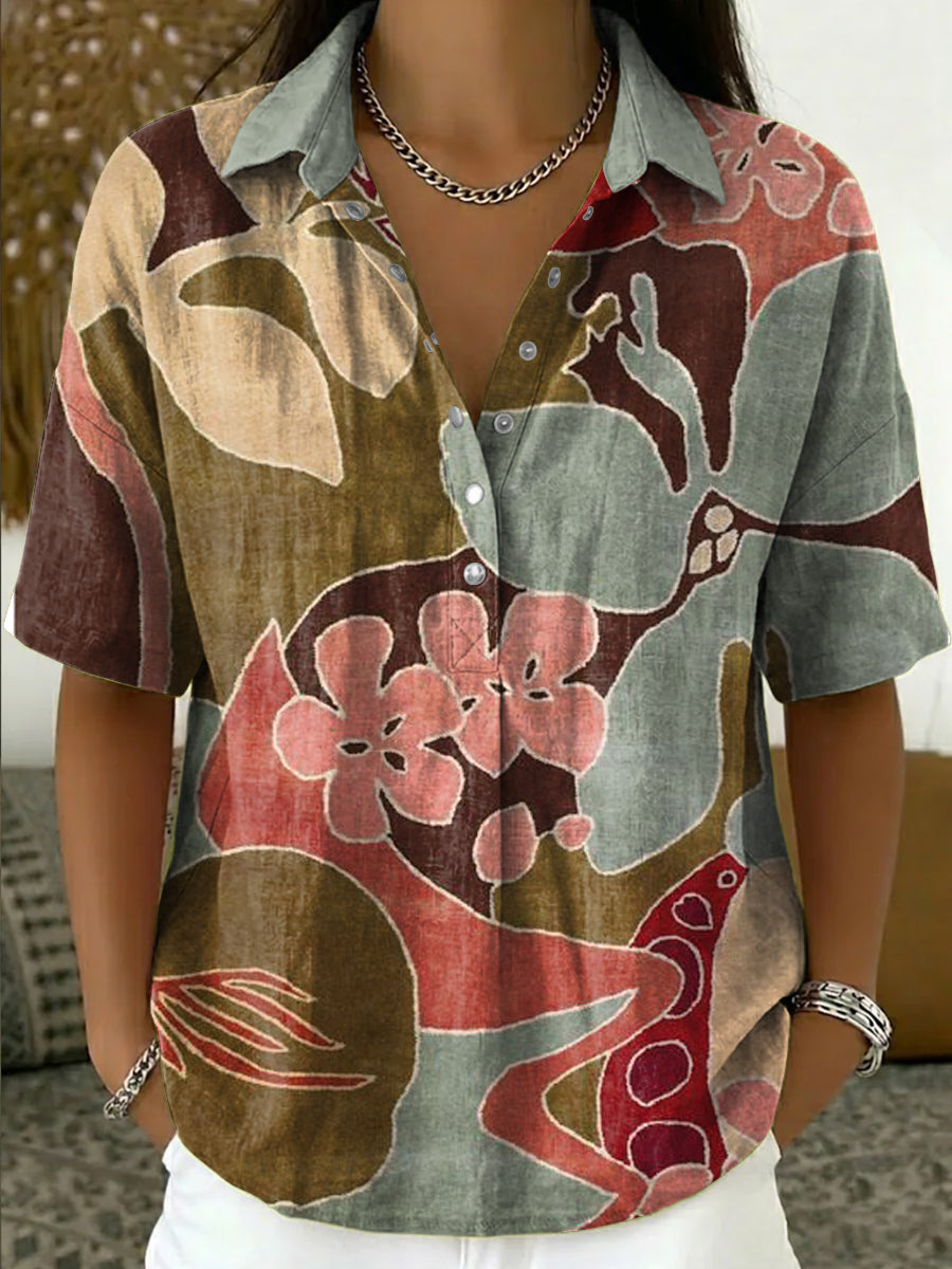 Women's Linen Floral Short Sleeve Shirt V-Neck Casual Blouse Top