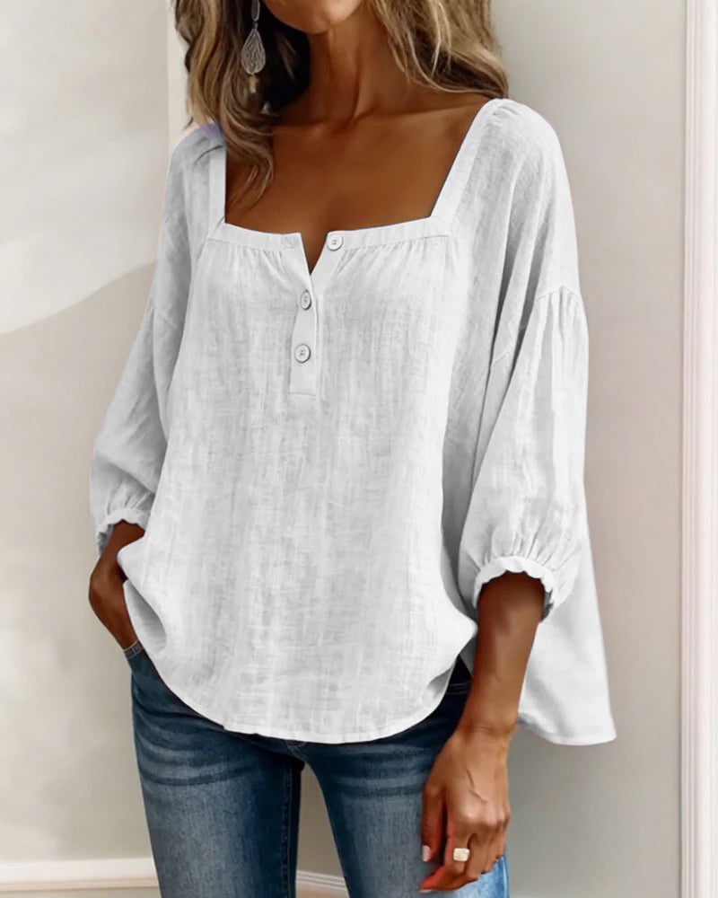 Women's Linen Blouse Square Neck Long Sleeve Casual Top Shirt