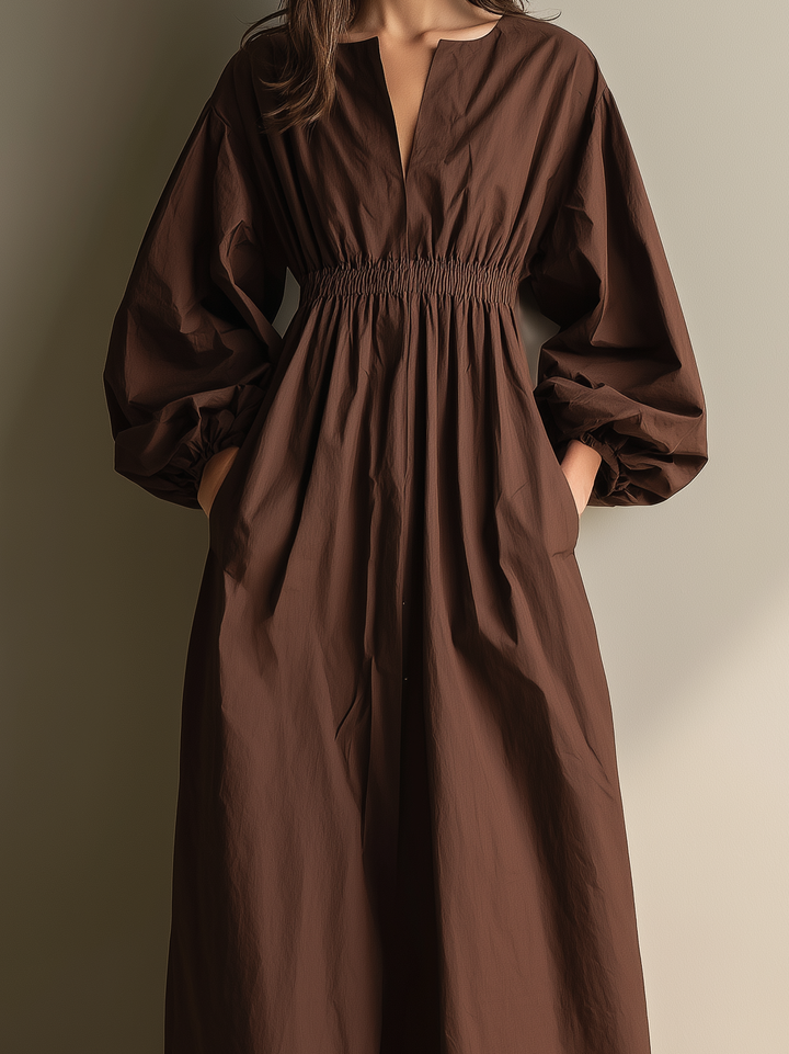 Women's Linen V-Neck Balloon Sleeve Maxi Dress