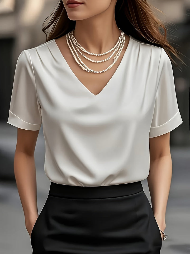 Women's Satin Blouse V Neck Short Sleeve Top Elegant Shirt