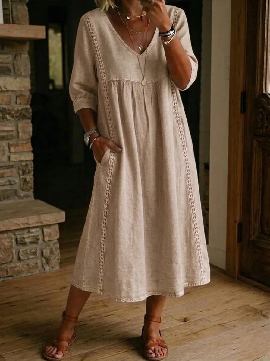 Women's Loose Fit Linen V-Neck Long Sleeve Midi Dress