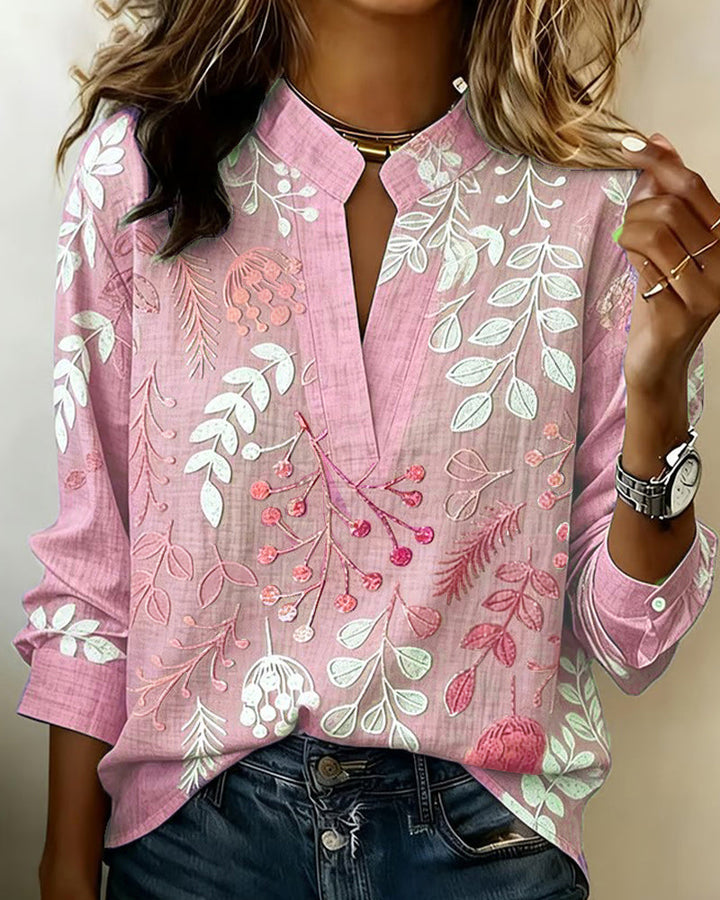 Women's Floral Print Linen V-Neck Long Sleeve Blouse