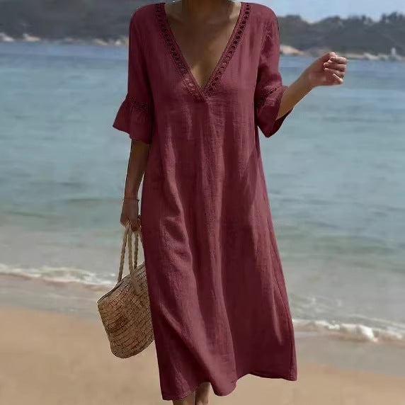 Women's Linen V Neck Beach Cover Up Kaftan Maxi Dress