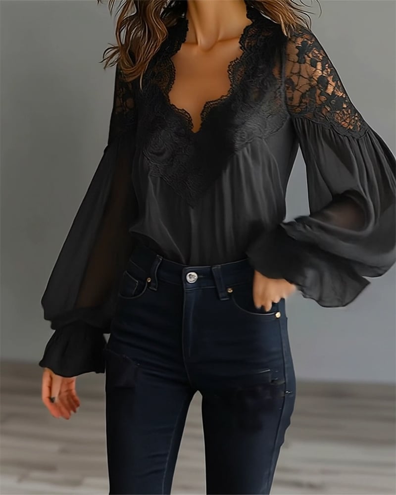 Women's Lace V-Neck Blouse Chiffon Long Sleeve Top
