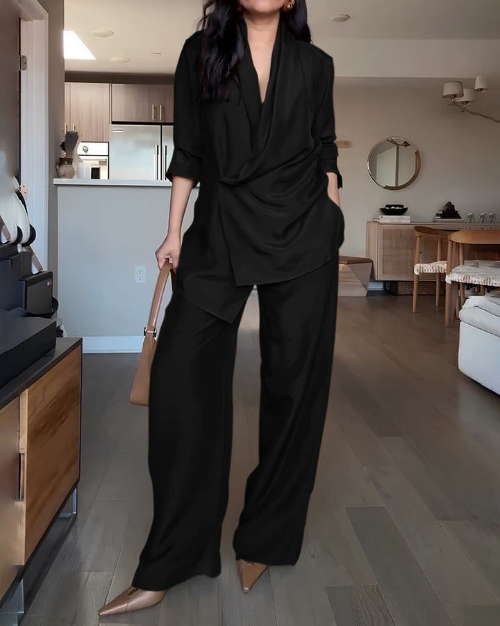 Women's Linen Tailored Two Piece Shirt and Wide-Leg Trouser Set