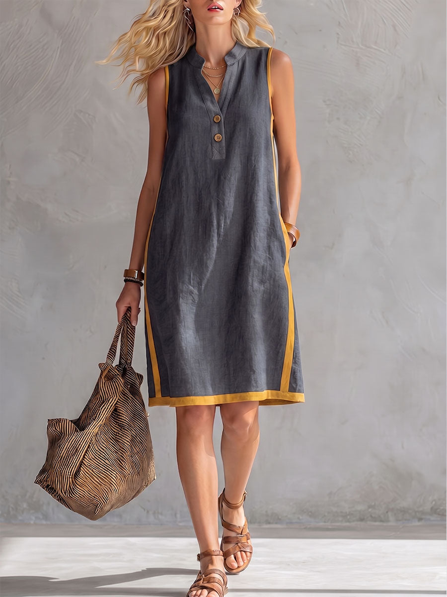 Women's Linen Shift Dress Sleeveless V-Neck Tunic Casual Sundress