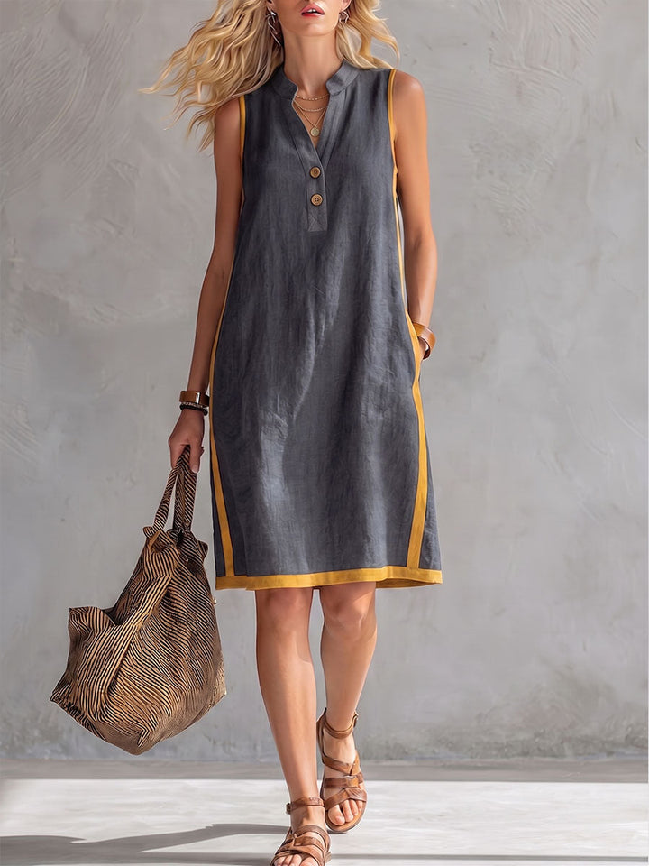 Women's Linen Shift Dress Sleeveless V-Neck Tunic Casual Sundress