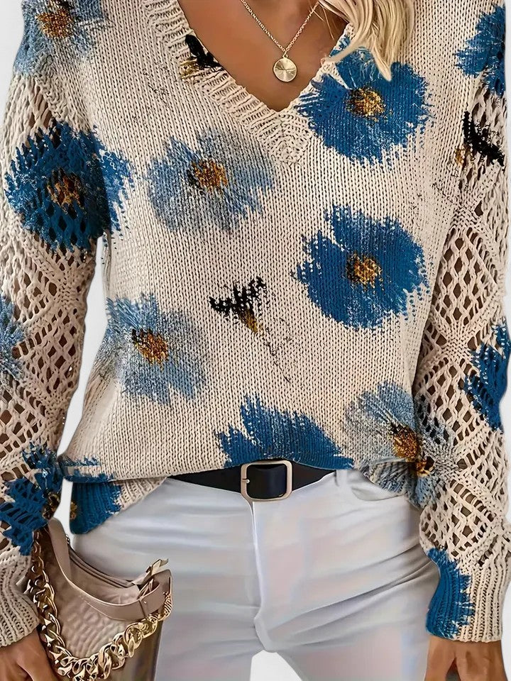Women's Long Sleeve Knit V-Neck Floral Sweater Jumper