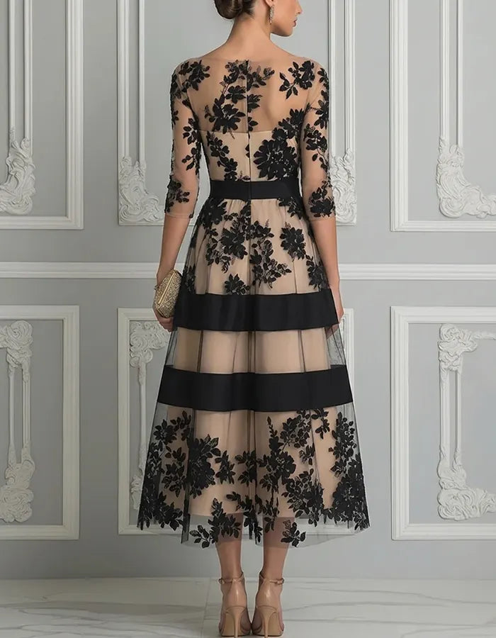Women's Lace Mesh Cocktail Party A-Line Midi Dress