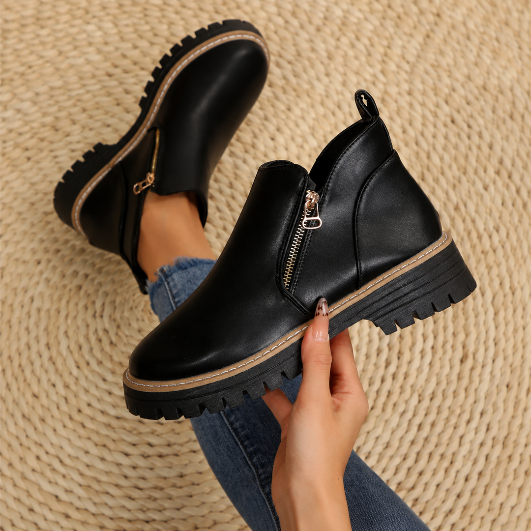 Women's Leather Ankle Boots Zipper Lug Sole Chunky Booties