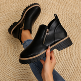 Women's Leather Ankle Boots Zipper Lug Sole Chunky Booties