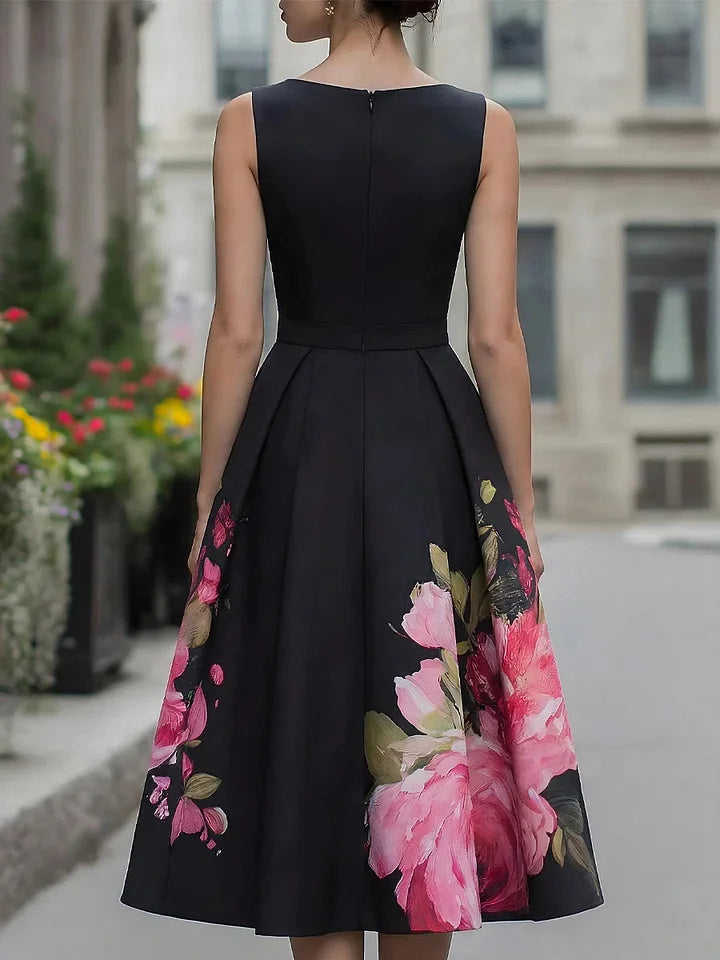 Women's Satin Floral Fit-and-Flare Midi Dress