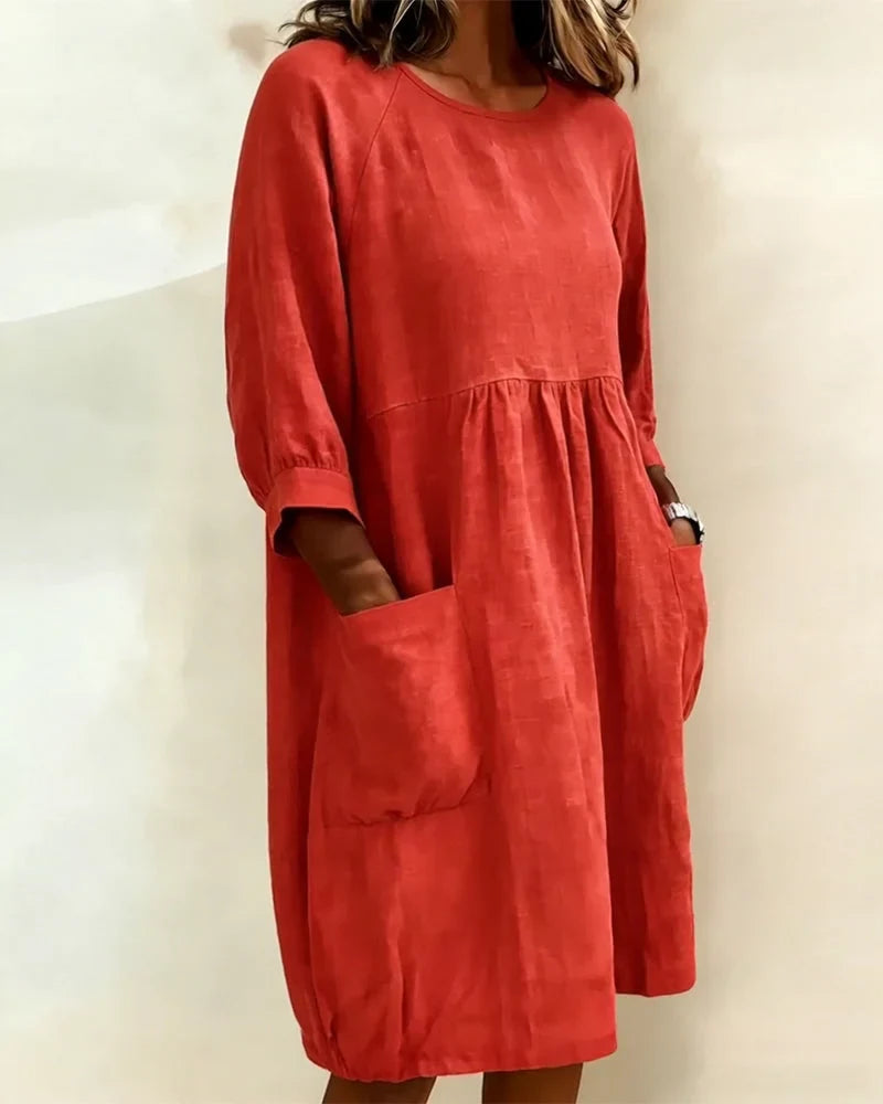Women's Linen Crewneck Pocket Gathered Loose Dress