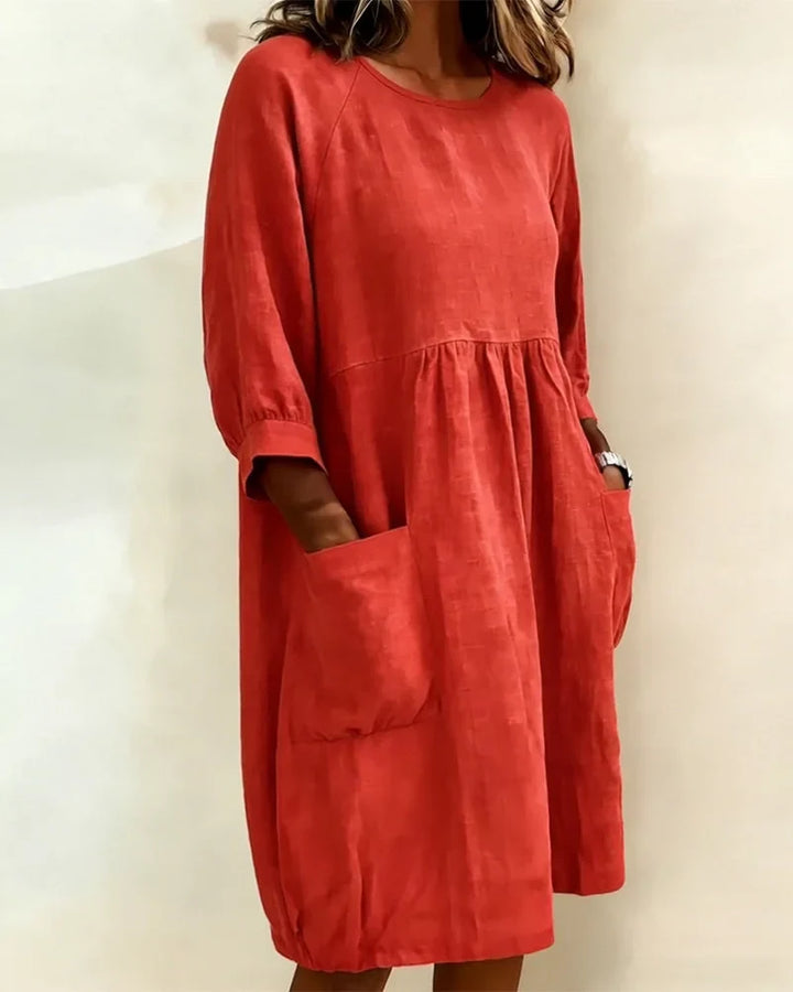 Women's Linen Crewneck Pocket Gathered Loose Dress