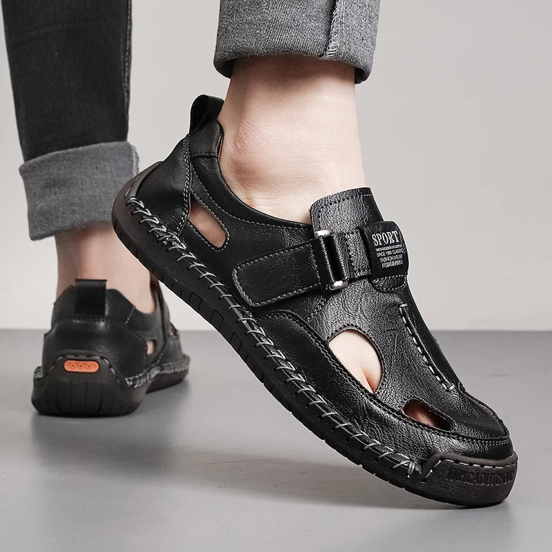 Pánské kožené casual sandály typu fisherman s uzavřenou špičkou