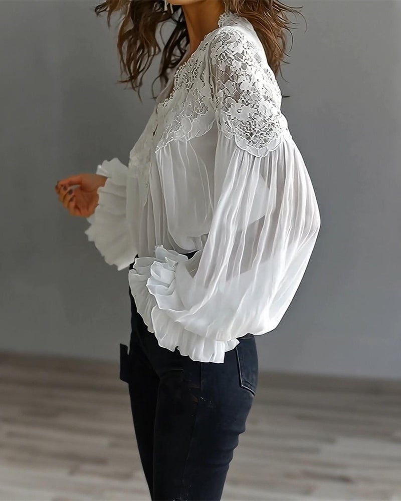 Women's Lace V-Neck Blouse Chiffon Long Sleeve Top