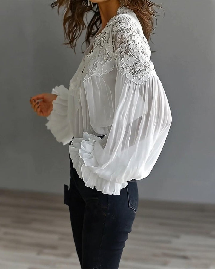 Women's Lace V-Neck Blouse Chiffon Long Sleeve Top
