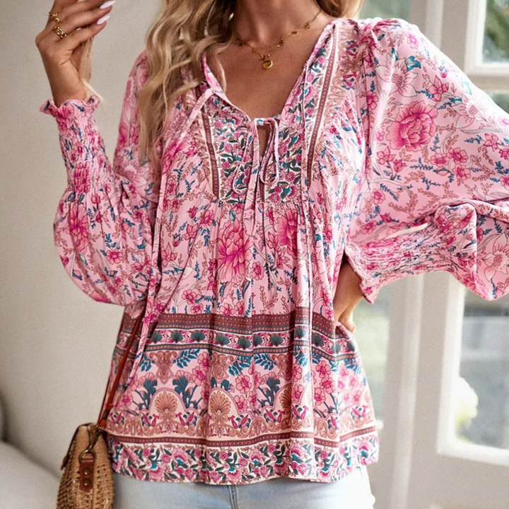 Blouse fleurie bohème pour femme, à manches longues et col en V, en mousseline de soie