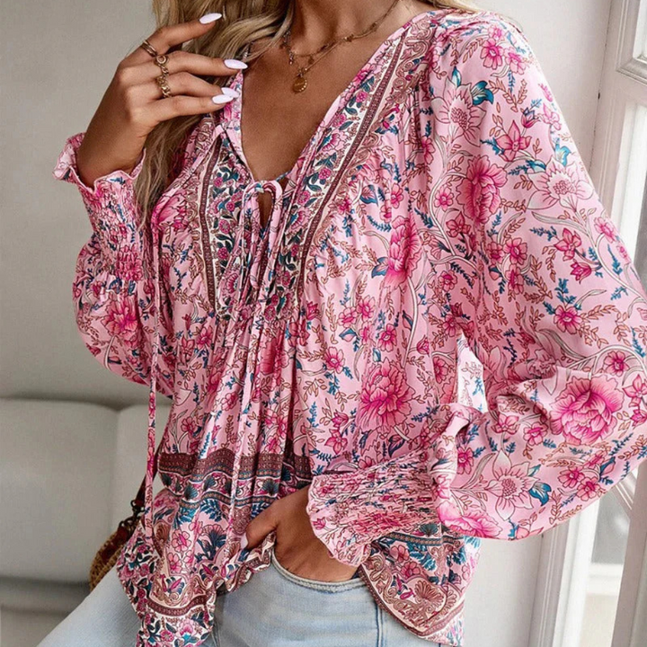 Blouse fleurie bohème pour femme, à manches longues et col en V, en mousseline de soie