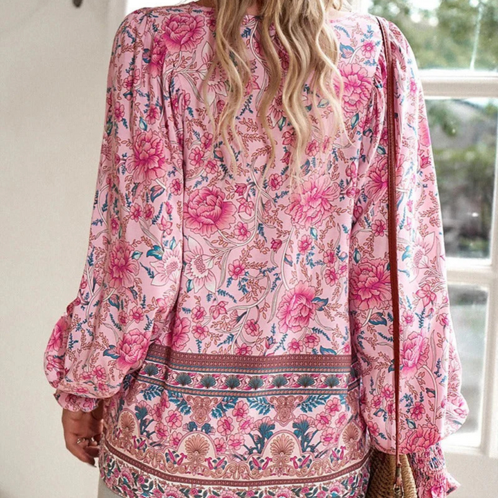 Blouse fleurie bohème pour femme, à manches longues et col en V, en mousseline de soie