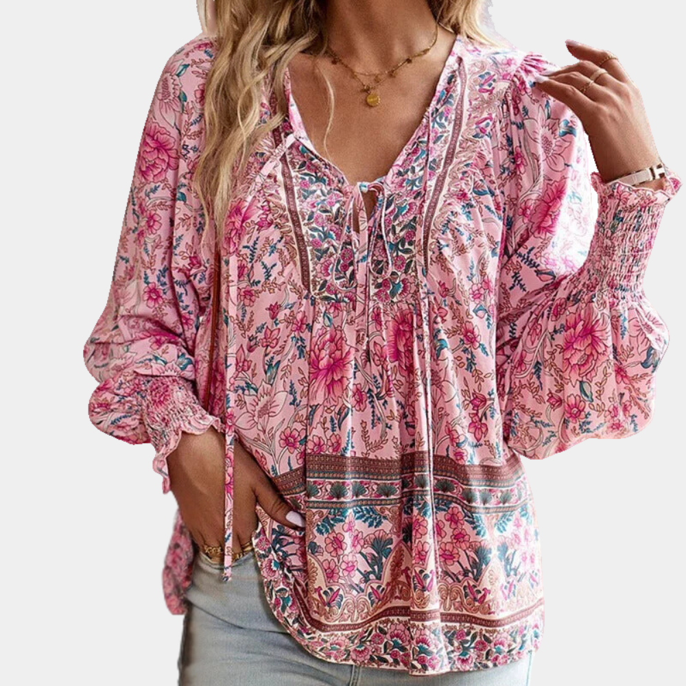 Blouse fleurie bohème pour femme, à manches longues et col en V, en mousseline de soie