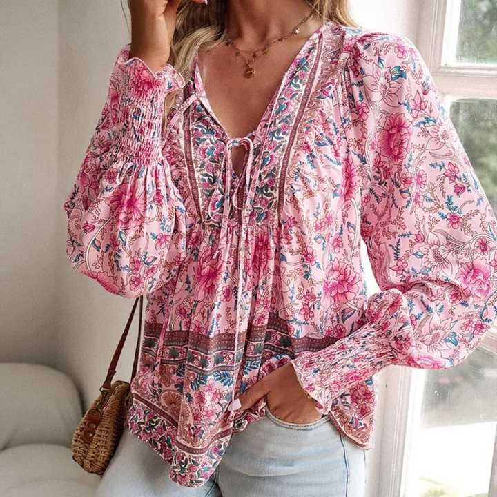 Blouse fleurie bohème pour femme, à manches longues et col en V, en mousseline de soie