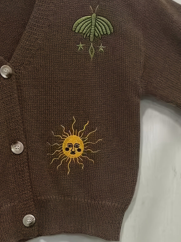 Women's Wool Sweater Embroidered Knit Jumper V-Neck Cardigan