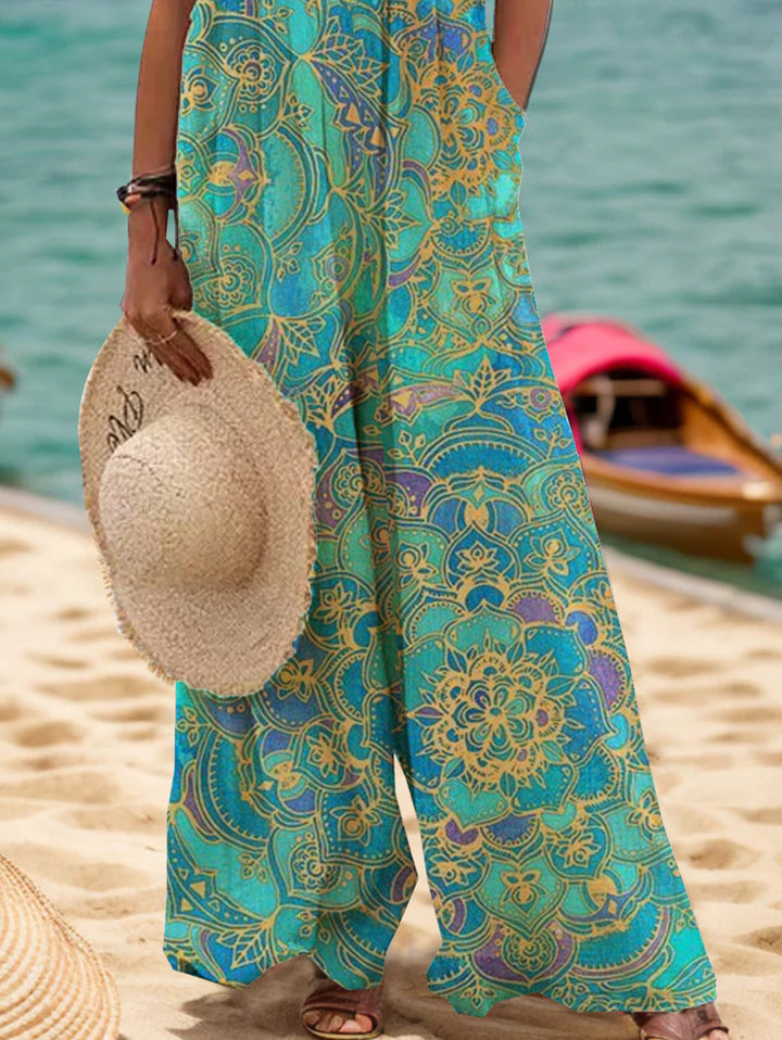 Women's Printed Wide-Leg Linen Blend Jumpsuit Overalls