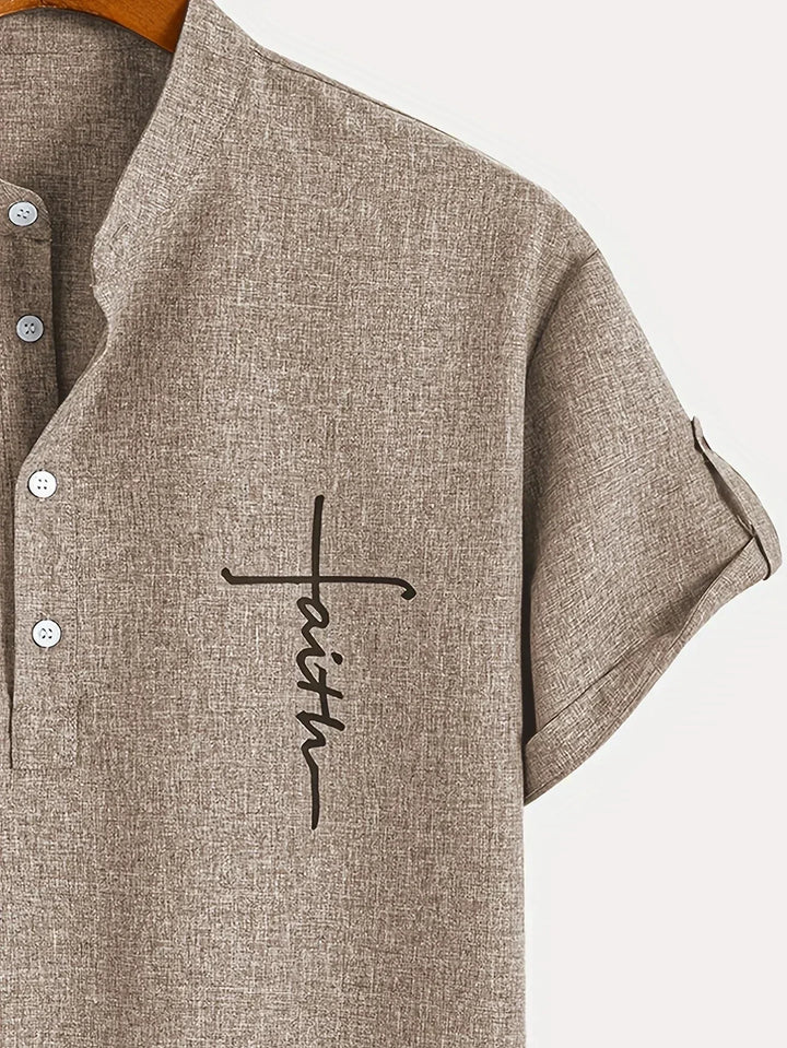 Men Henley Linen Shirt Casual Short Sleeve Cross Graphic Tee