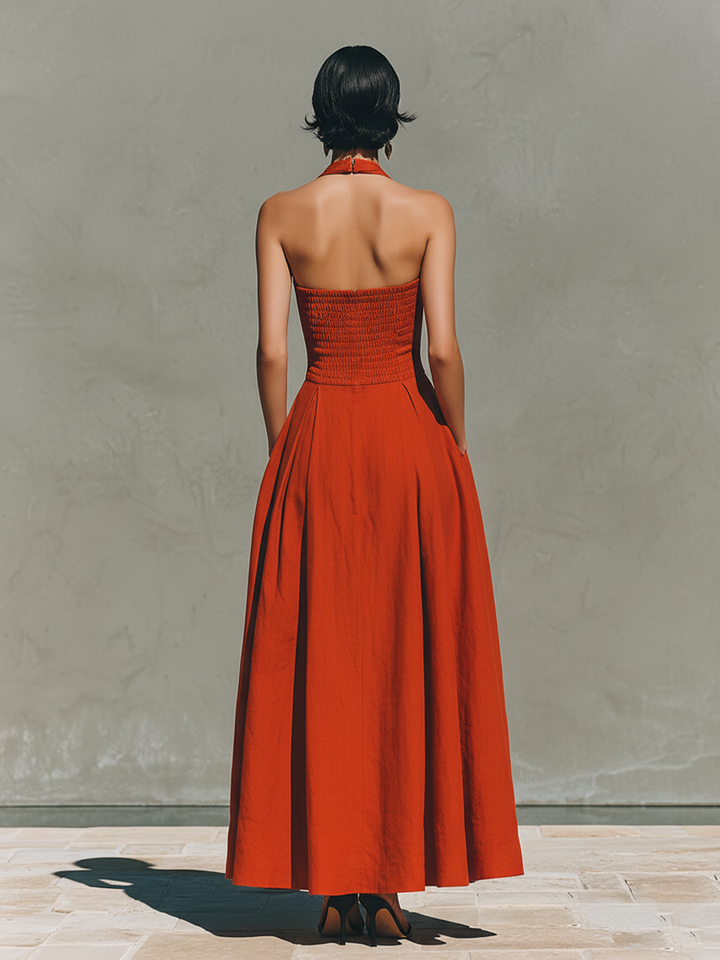 Women's Linen Blend Halter Neck Sleeveless Pleated A-Line Maxi Dress