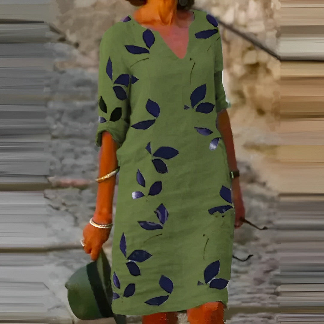 Cotton Shift Dress with Leaf Print for Women Summer Daywear