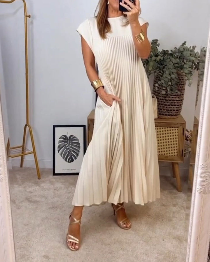 Women's Pleated Linen Maxi Dress Casual Sundress Loose Fit