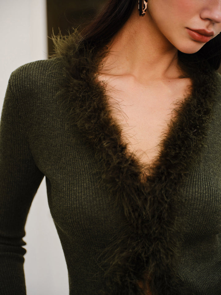 Women's Knit Feather Cardigan Wool Mix V Neck Top