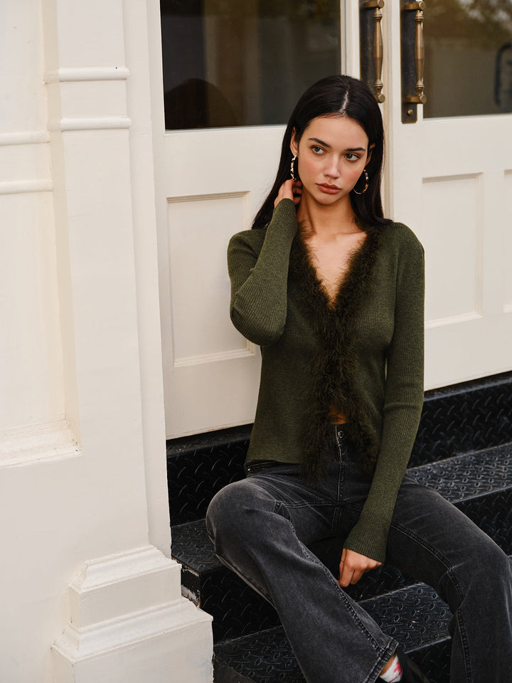 Women's Knit Feather Cardigan Wool Mix V Neck Top