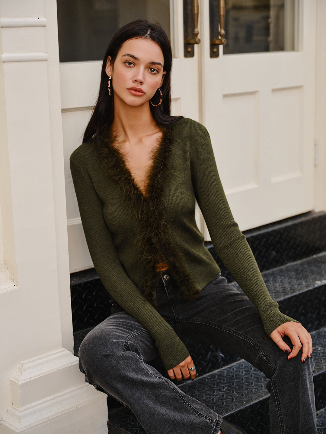 Women's Knit Feather Cardigan Wool Mix V Neck Top